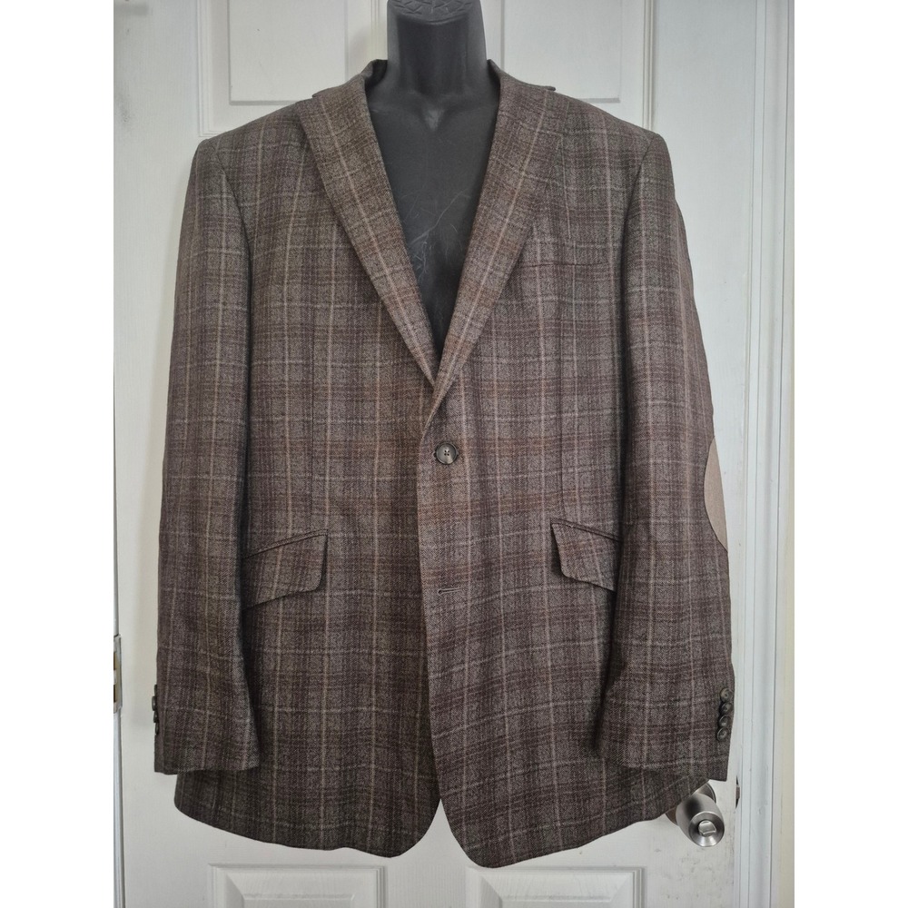 Austin Reed Signature Men's 46L Brown Plaid‎ Wool Blend Elbow Blazer Jacket